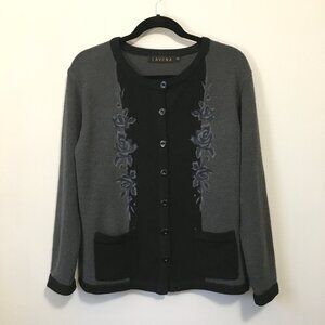 Lavena Black and Grey Embroidered Nubby Button Down Dark Cottage Cardigan